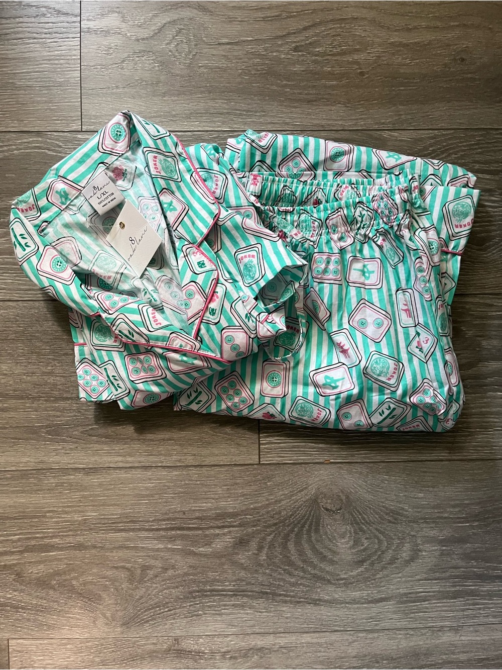 NEW 8 Oak Lane Green Pink Mahjong Long Sleeve Pants 100% Cotton Pajama Set L/XL